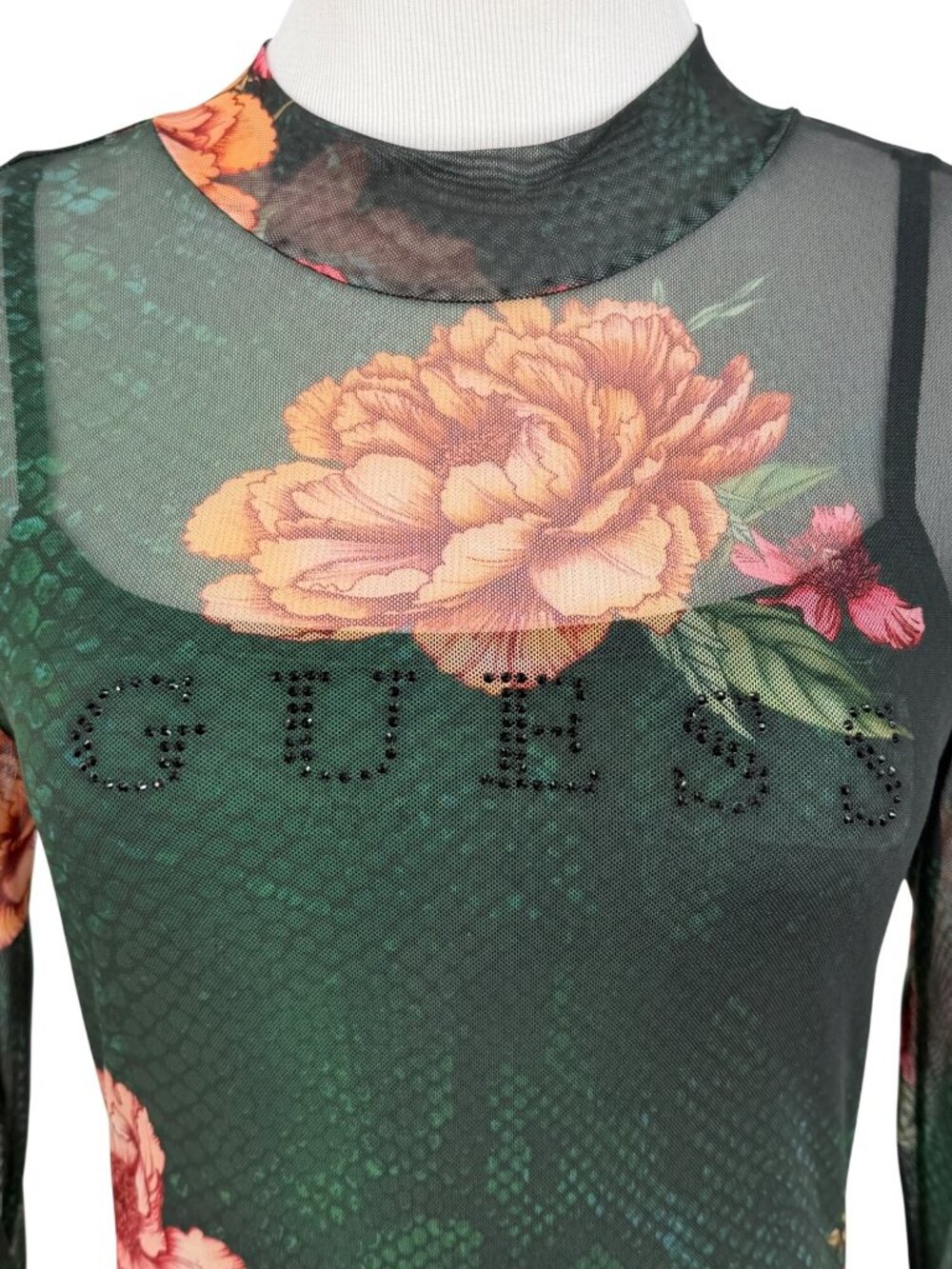 Guess Green Floral Mesh Rhinestone Bodycon Mini Dress | Sirencore Whimsigoth Y2K - Picture 3 of 16